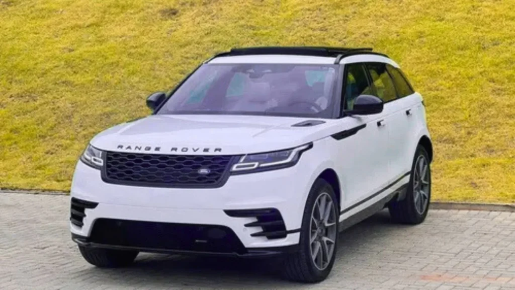 Front view of Range Rover Velar showcasing LED headlights