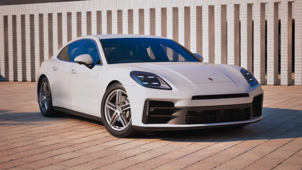 Front angle of Porsche Panamera showing sleek headlights
