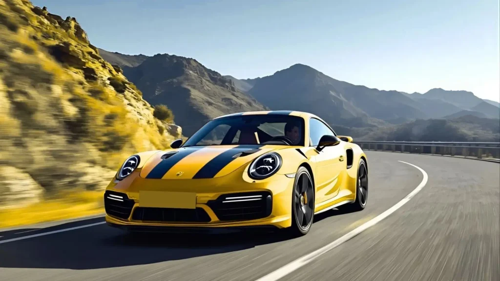 Front view of Porsche 911 Turbo S with aerodynamic styling