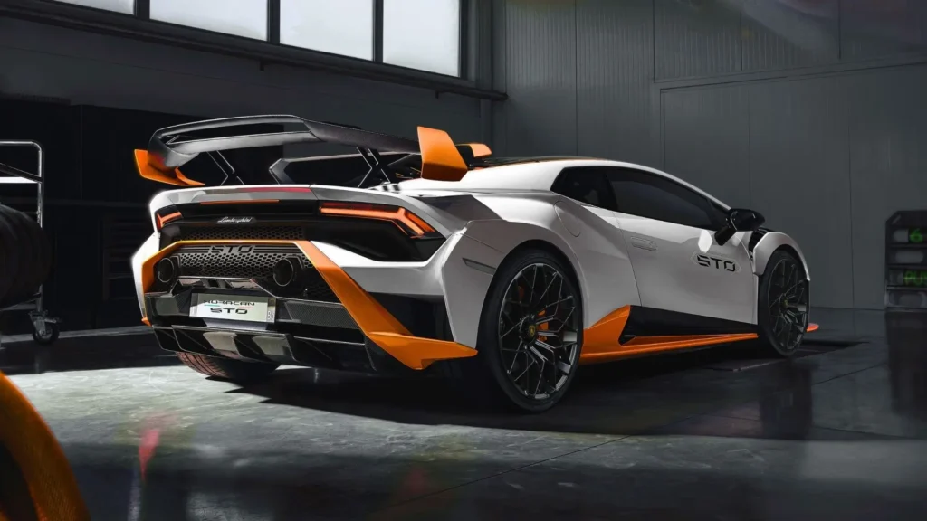 Lamborghini Huracan STO rear view with large racing spoiler