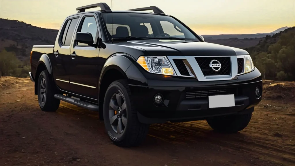 Front view of 2024 Nissan Frontier showcasing bold grille and LED headlights