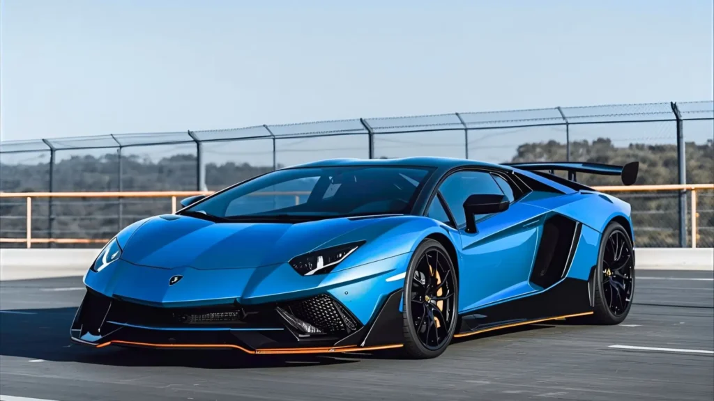 Front view of Lamborghini Aventador SVJ with aggressive aerodynamics