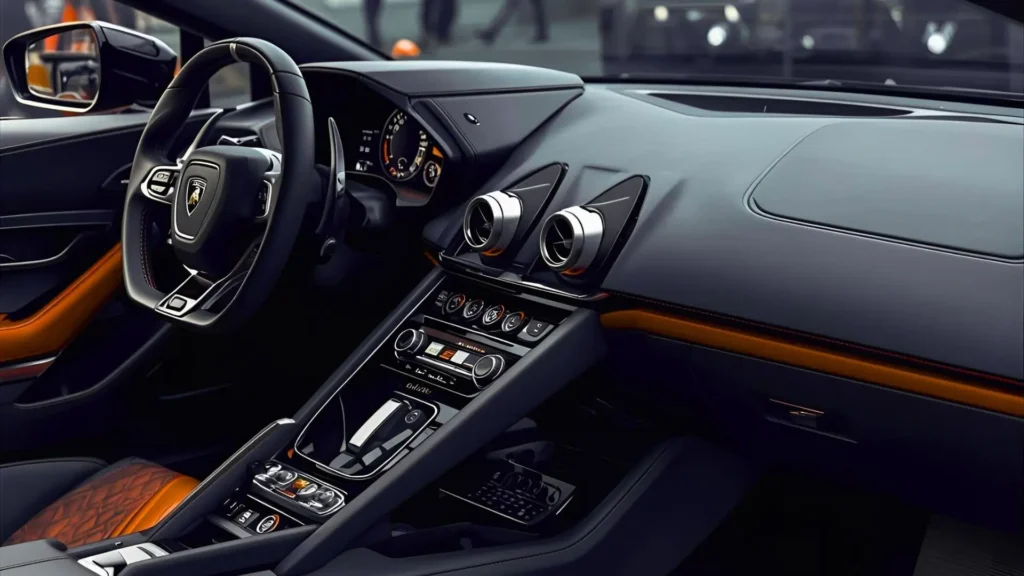 Lamborghini Aventador SVJ interior with carbon fiber racing cockpit